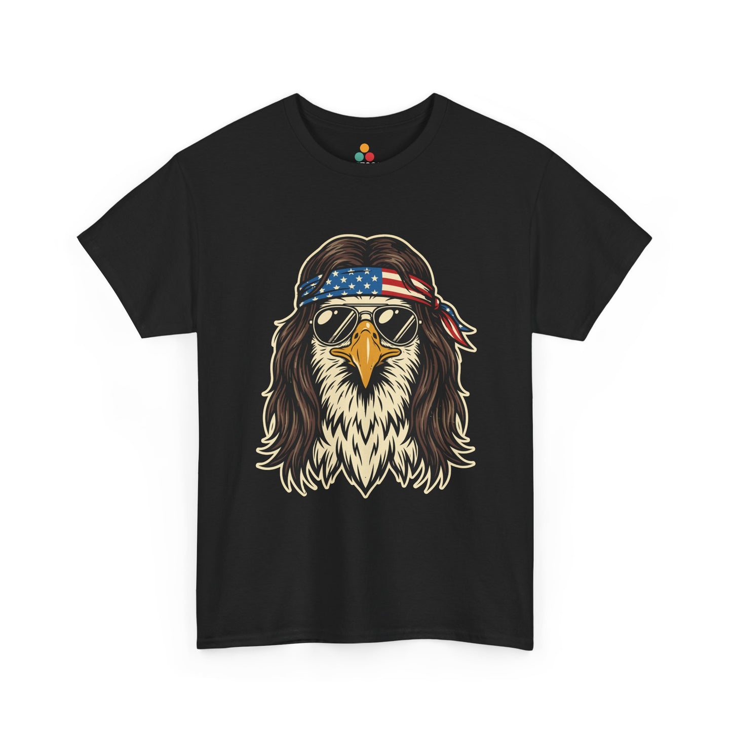 Close-up view of TEEZOCA black T-Shirt featuring a bald eagle with a mullet, American flag bandana, and gold aviator sunglasses — bold patriotic 1776 2026 freedom graphic tee.


