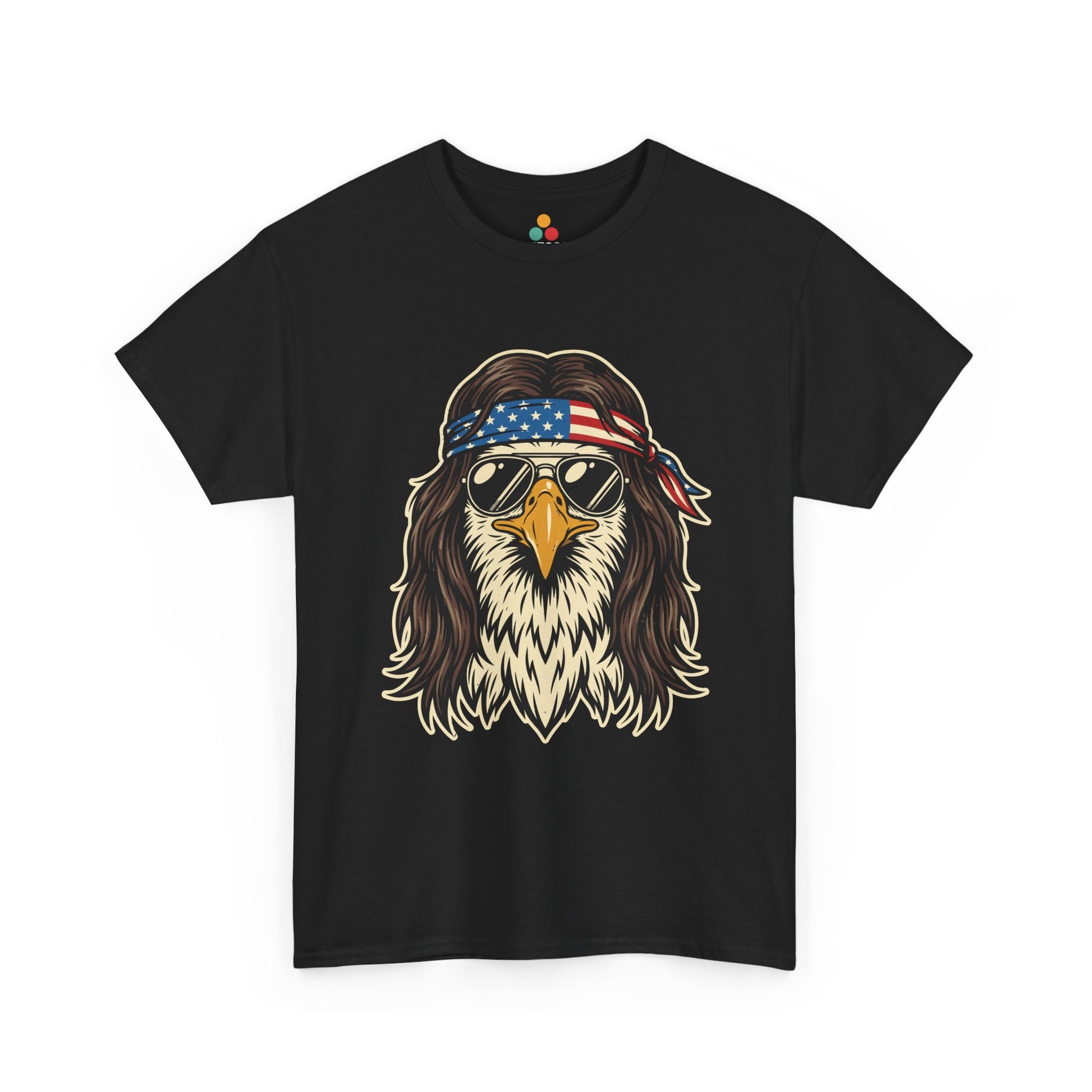 Close-up view of TEEZOCA black T-Shirt featuring a bald eagle with a mullet, American flag bandana, and gold aviator sunglasses — bold patriotic 1776 2026 freedom graphic tee.

