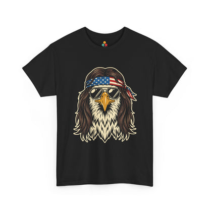 Close-up view of TEEZOCA black T-Shirt featuring a bald eagle with a mullet, American flag bandana, and gold aviator sunglasses — bold patriotic 1776 2026 freedom graphic tee.

