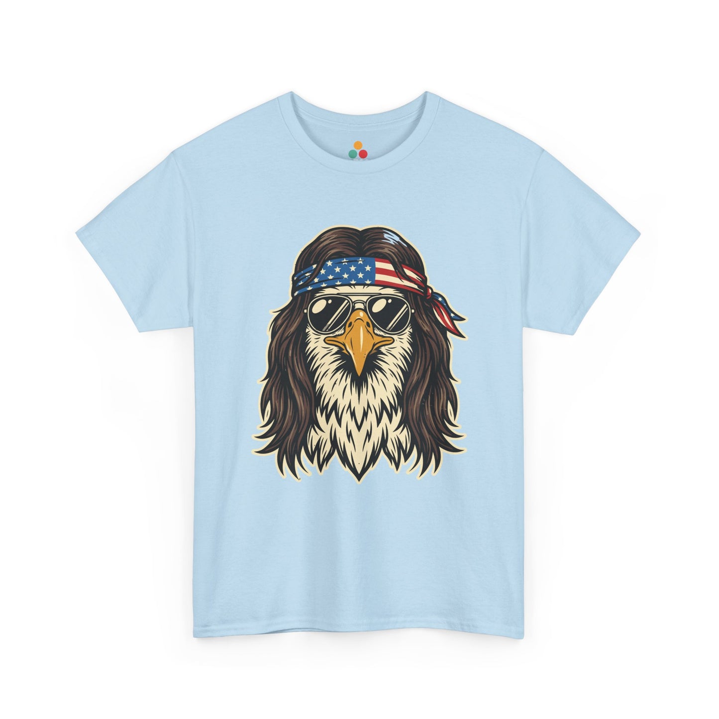 Close-up view of TEEZOCA light Blue T-Shirt featuring a bald eagle with a mullet, American flag bandana, and gold aviator sunglasses — patriotic 4th of July 2026 America 250 gift tee.

