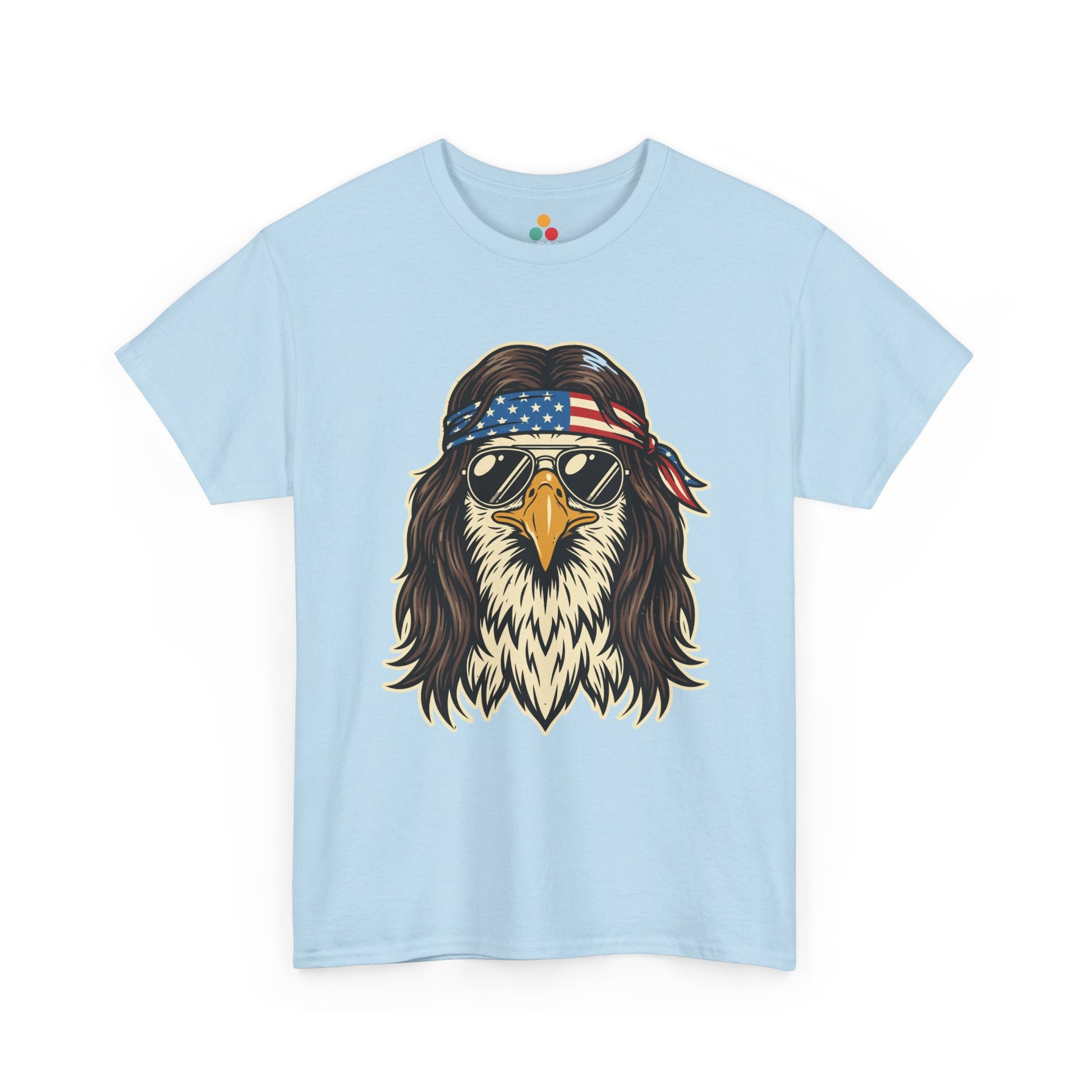 Close-up view of TEEZOCA light Blue T-Shirt featuring a bald eagle with a mullet, American flag bandana, and gold aviator sunglasses — patriotic 4th of July 2026 America 250 gift tee.

