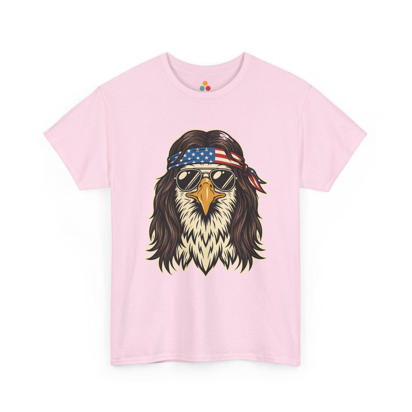 Close-up view of TEEZOCA light pink T-Shirt featuring a bald eagle with a mullet, American flag bandana, and gold aviator sunglasses — patriotic 4th of July 2026 America 250 gift tee.

