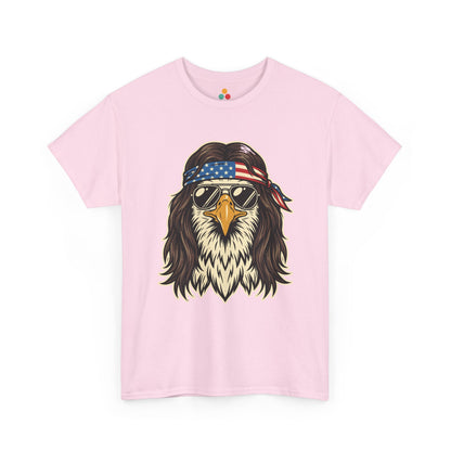 Close-up view of TEEZOCA light pink T-Shirt featuring a bald eagle with a mullet, American flag bandana, and gold aviator sunglasses — patriotic 4th of July 2026 America 250 gift tee.

