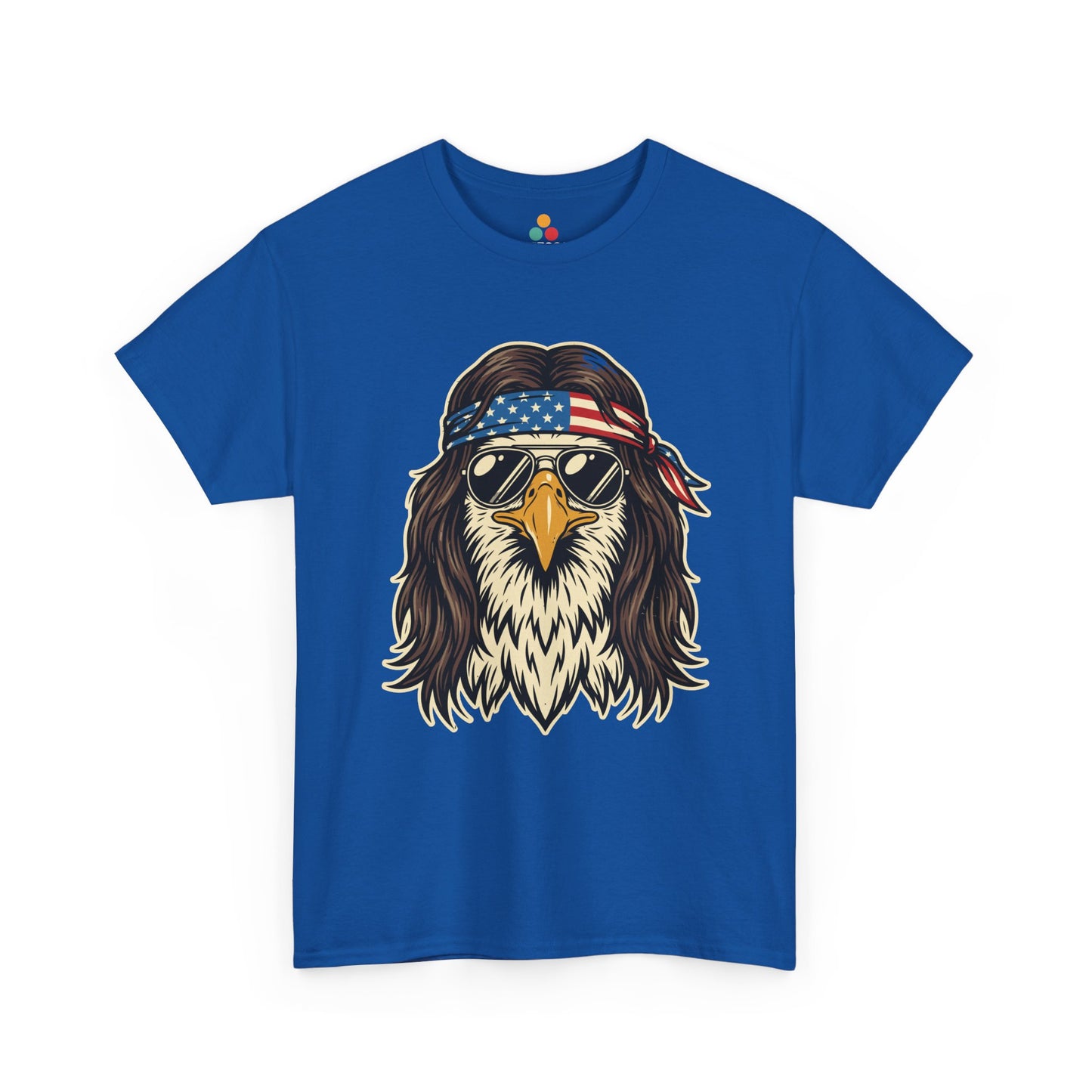 Close-up view of TEEZOCA royal blue T-Shirt featuring a bald eagle with a mullet, American flag bandana, and gold aviator sunglasses — patriotic freedom 1776 2026 Independence Day eagle shirt.

