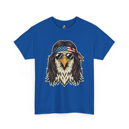 Close-up view of TEEZOCA royal blue T-Shirt featuring a bald eagle with a mullet, American flag bandana, and gold aviator sunglasses — patriotic freedom 1776 2026 Independence Day eagle shirt.

