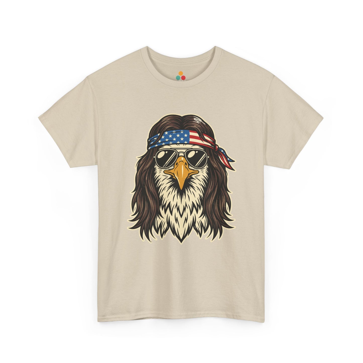 Close-up view of TEEZOCA sand T-Shirt featuring a bald eagle with a mullet, American flag bandana, and gold aviator sunglasses — retro patriotic USA 250 years of freedom eagle graphic tee.

