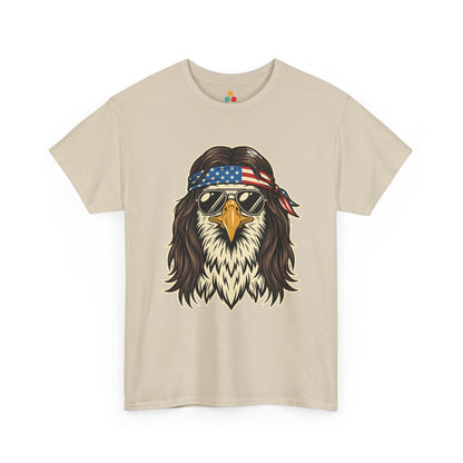 Close-up view of TEEZOCA sand T-Shirt featuring a bald eagle with a mullet, American flag bandana, and gold aviator sunglasses — retro patriotic USA 250 years of freedom eagle graphic tee.

