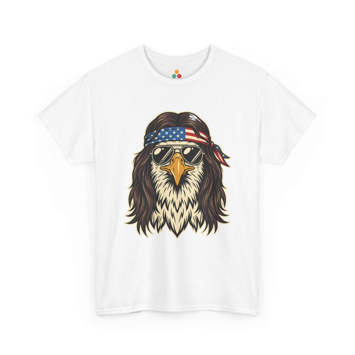 Close-up view of TEEZOCA white T-Shirt featuring a bald eagle with a mullet, American flag bandana, and gold aviator sunglasses — patriotic 4th of July 2026 USA 250th anniversary graphic tee.

