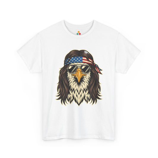 Close-up view of TEEZOCA white T-Shirt featuring a bald eagle with a mullet, American flag bandana, and gold aviator sunglasses — patriotic 4th of July 2026 USA 250th anniversary graphic tee.

