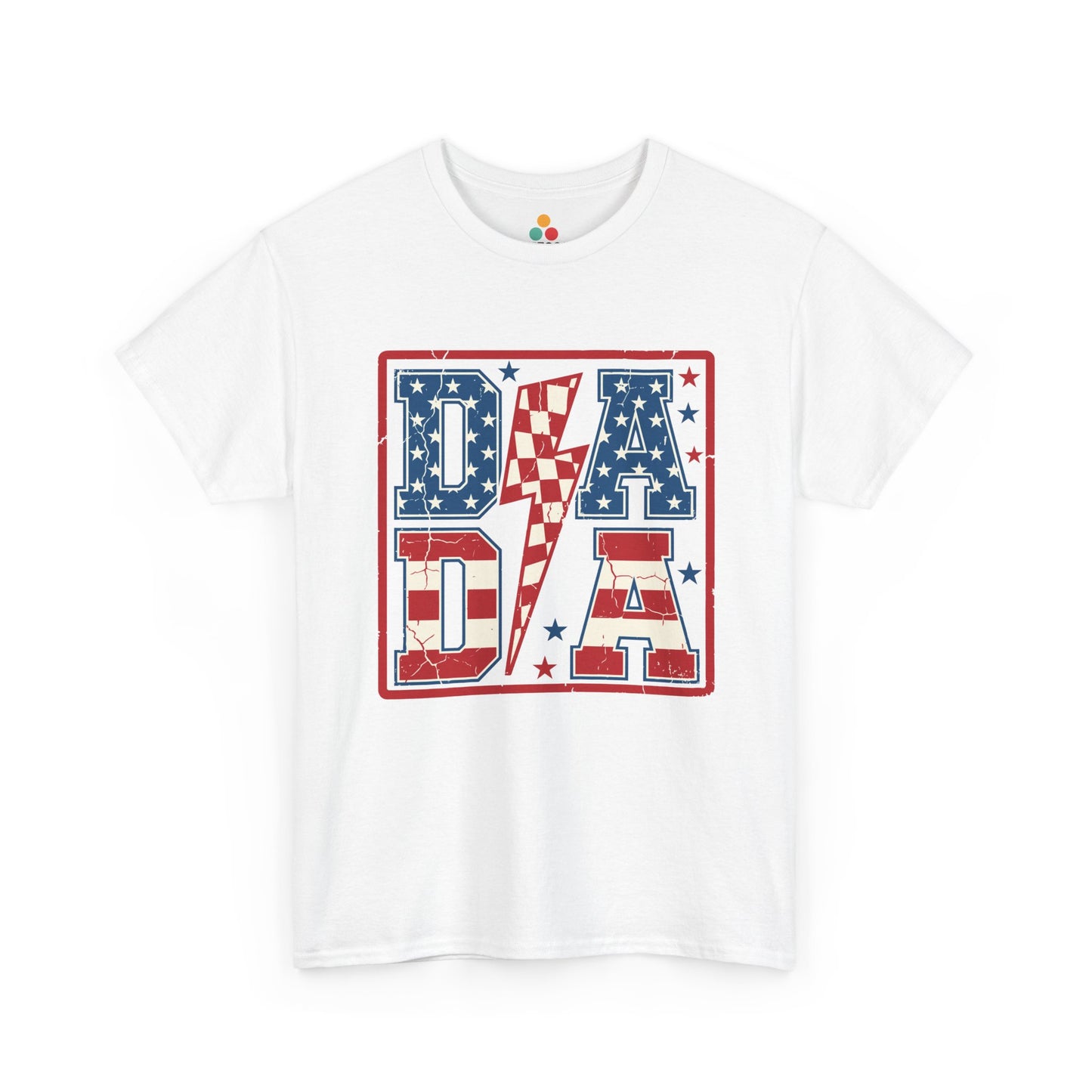 Close-up view of TEEZOCA white t-shirt featuring bold red white and blue DADA block letters with stars stripes and lightning bolt patriotic graphic design.

