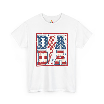 Close-up view of TEEZOCA white t-shirt featuring bold red white and blue DADA block letters with stars stripes and lightning bolt patriotic graphic design.

