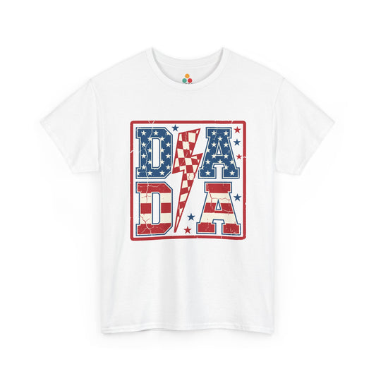 Close-up view of TEEZOCA white t-shirt featuring bold red white and blue DADA block letters with stars stripes and lightning bolt patriotic graphic design.

