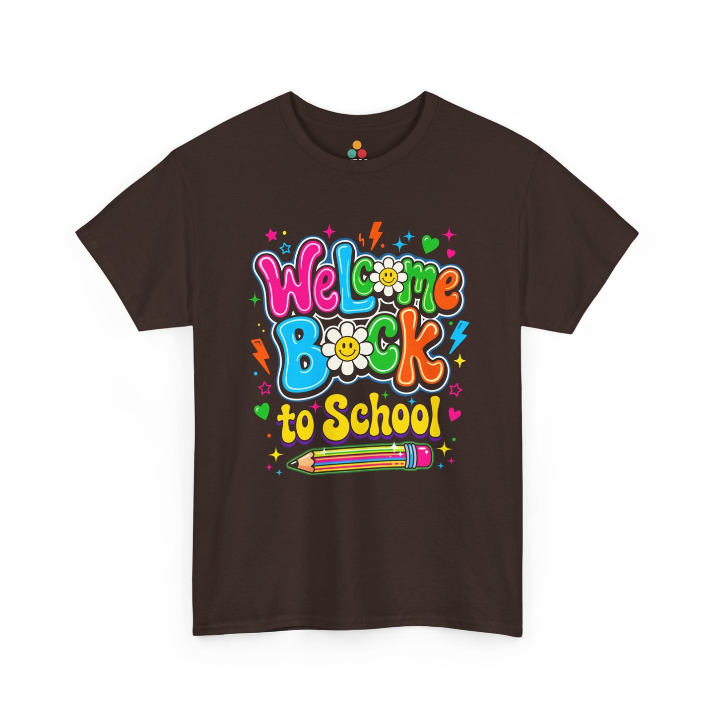 Close up view of TEEZOCA Brown T-Shirt with colorful “Welcome Back to School” cartoon design featuring smiling flowers, stars, and a pencil 