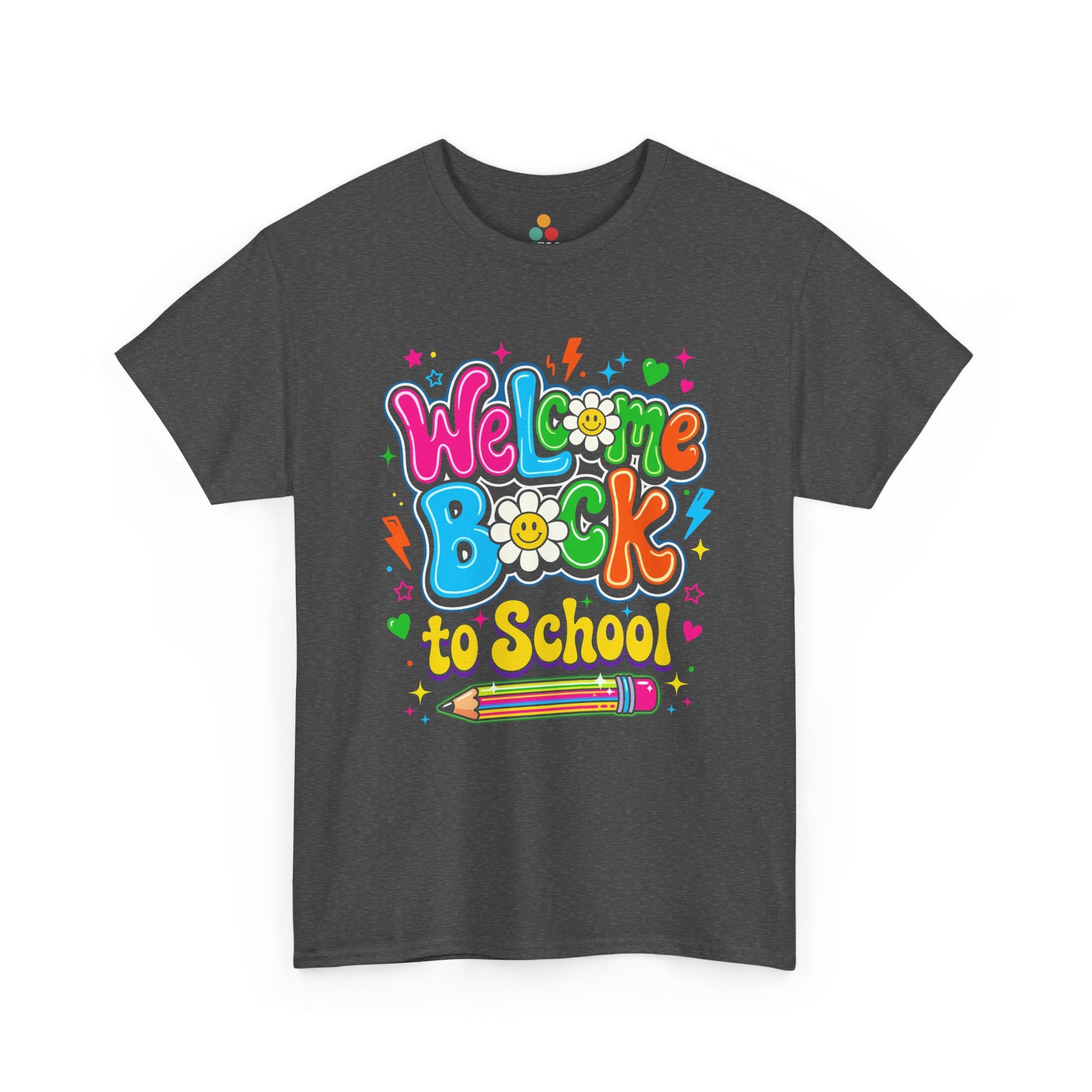 Close up view of TEEZOCA Gray Forest T-Shirt with colorful “Welcome Back to School” cartoon design featuring smiling flowers, stars, and a pencil 


