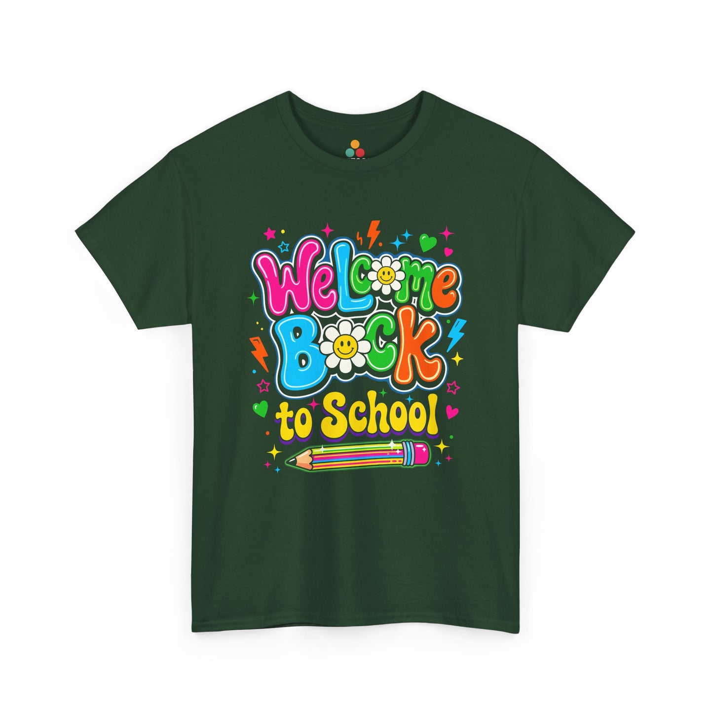 Close up view of TEEZOCA Green Forest T-Shirt with colorful “Welcome Back to School” cartoon design featuring smiling flowers, stars, and a pencil 