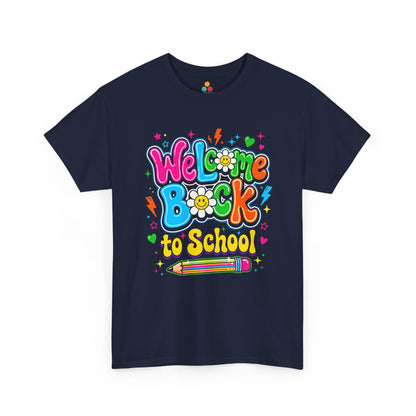 Close up view of TEEZOCA Navy Blue  T-Shirt with colorful “Welcome Back to School” cartoon design featuring smiling flowers, stars, and a pencil
