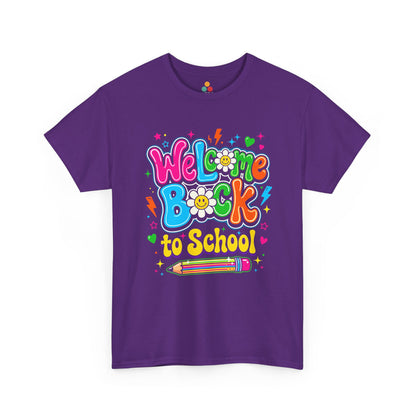 Close up view of TEEZOCA Purple T-Shirt with colorful “Welcome Back to School” cartoon design featuring smiling flowers, stars
