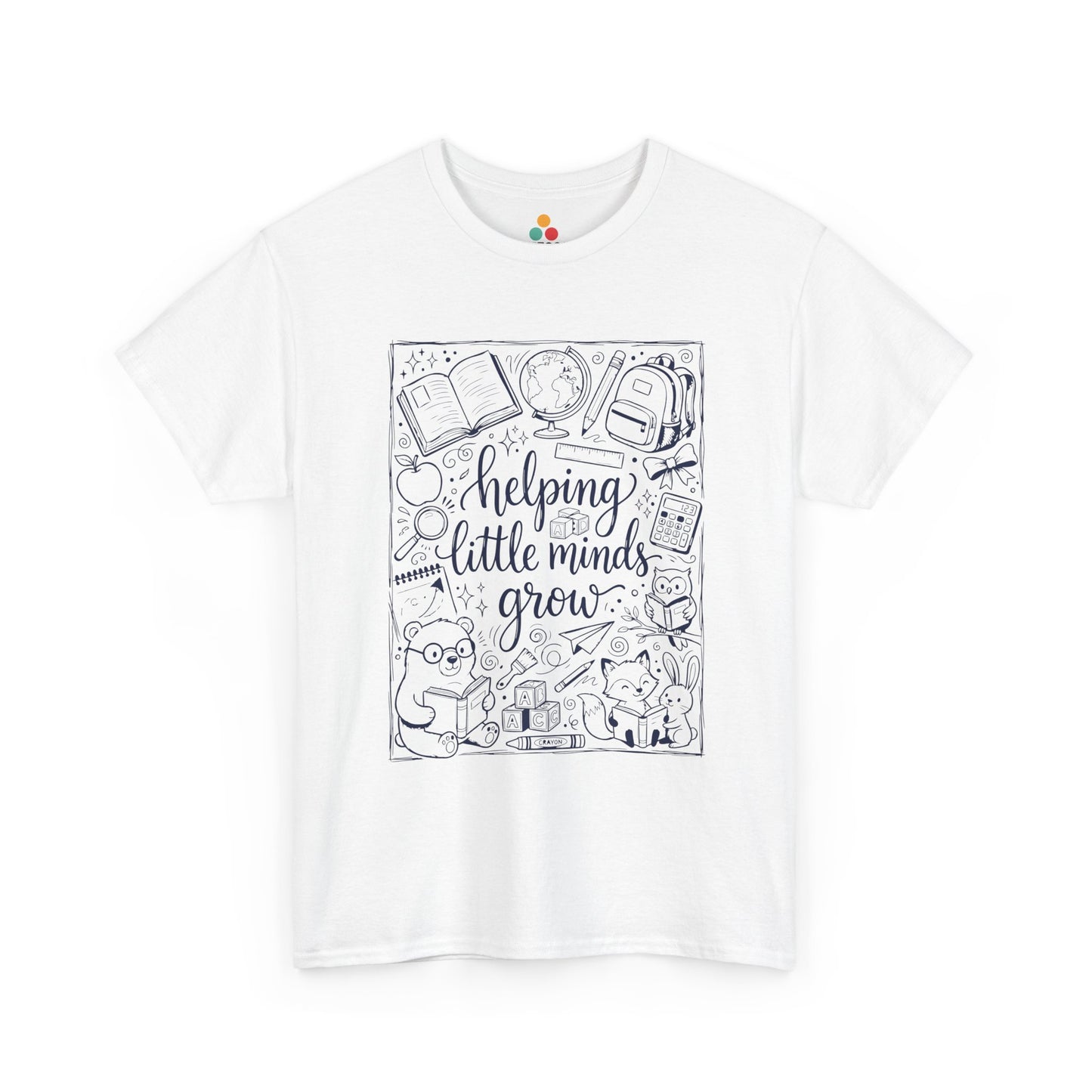 Close up view of TEEZOCA T-Shirt with black and white back to school teacher design featuring “helping little minds grow” and school doodles on white fabric.

