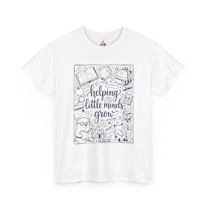 Close up view of TEEZOCA T-Shirt with black and white back to school teacher design featuring “helping little minds grow” and school doodles on white fabric.

