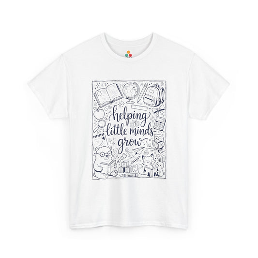 Close up view of TEEZOCA T-Shirt with black and white back to school teacher design featuring “helping little minds grow” and school doodles on white fabric.

