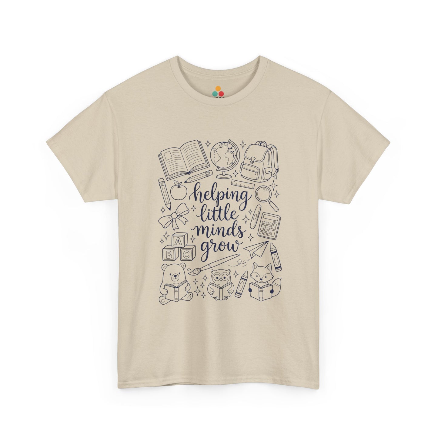 Close up view of TEEZOCA T-Shirt with black and white “helping little minds grow” back to school teacher design on Biege fabric.

