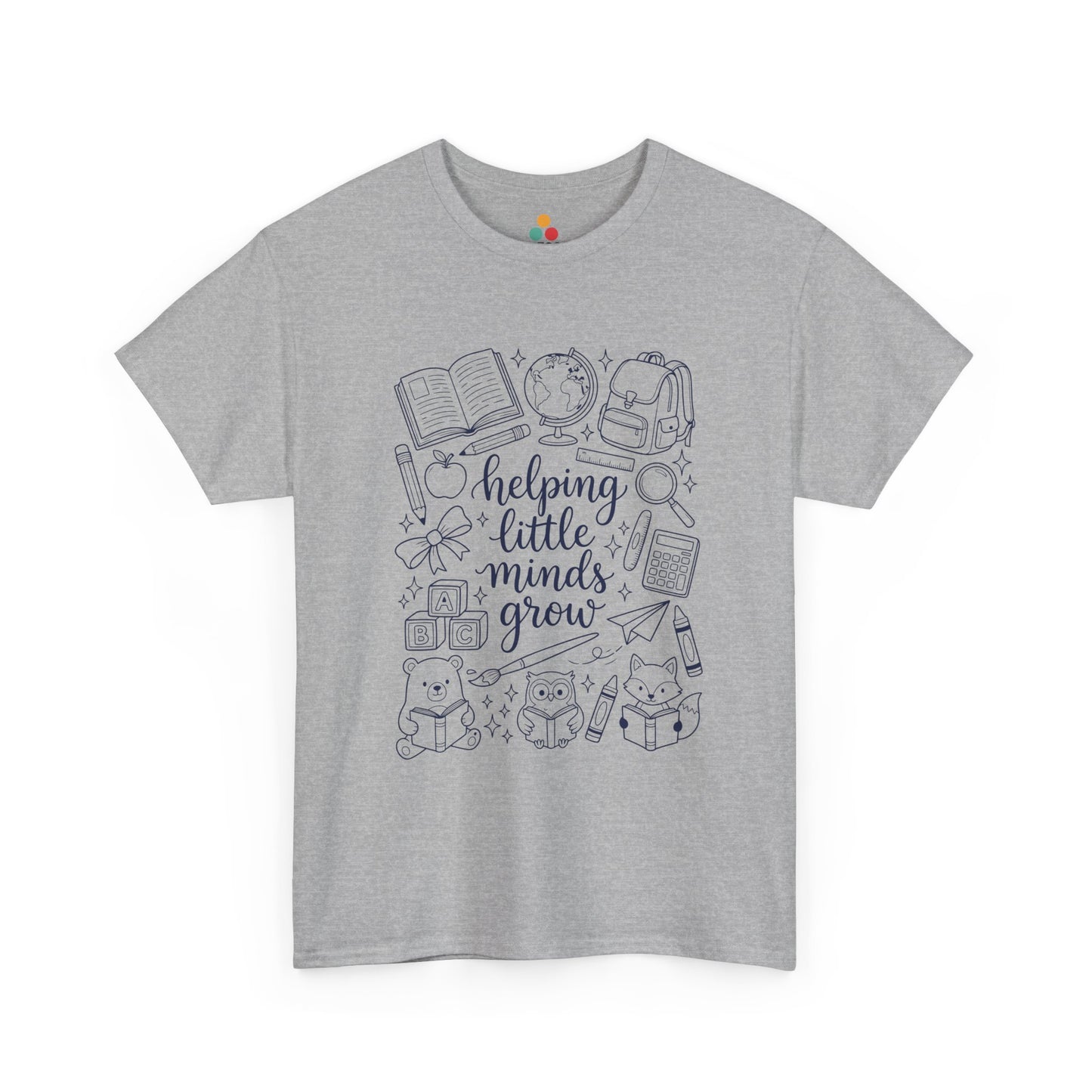 Close up view of TEEZOCA T-Shirt with black and white “helping little minds grow” back to school teacher design on Gray fabric.

