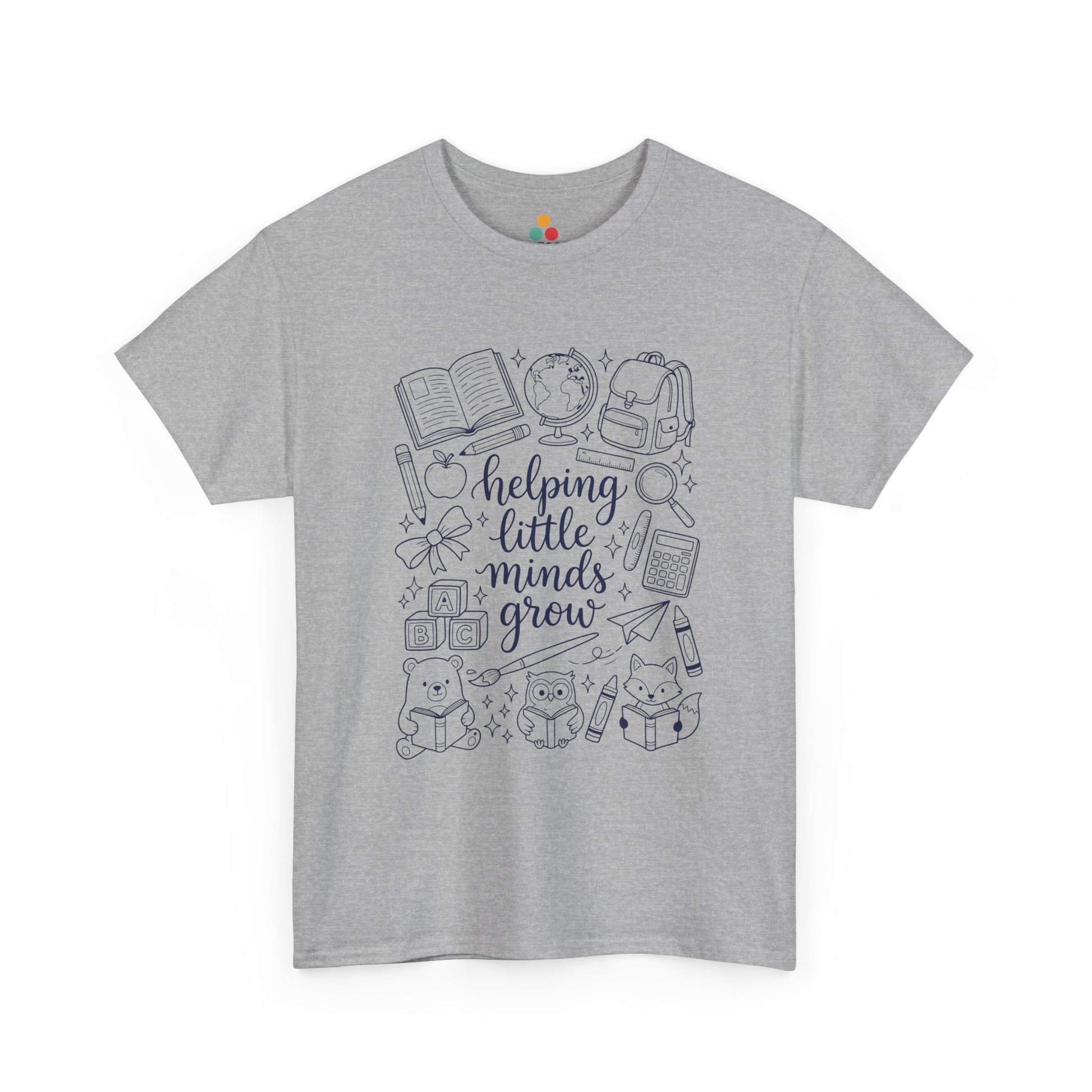 Close up view of TEEZOCA T-Shirt with black and white “helping little minds grow” back to school teacher design on Gray fabric.

