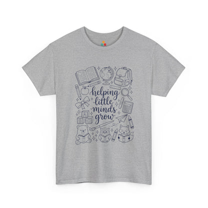 Close up view of TEEZOCA T-Shirt with black and white “helping little minds grow” back to school teacher design on Gray fabric.

