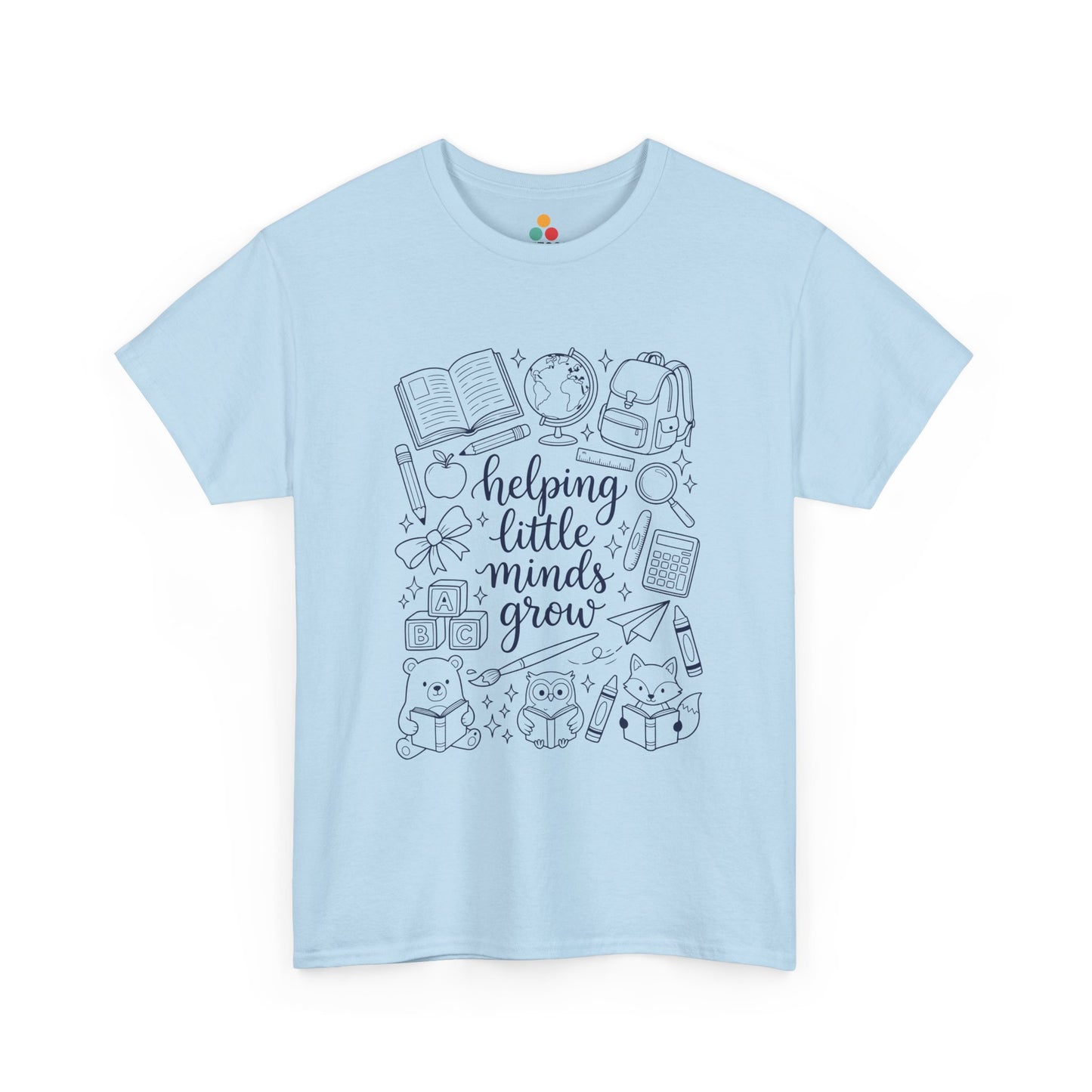 Close up view of TEEZOCA T-Shirt with black and white “helping little minds grow” back to school teacher design on Light Blue fabric.

