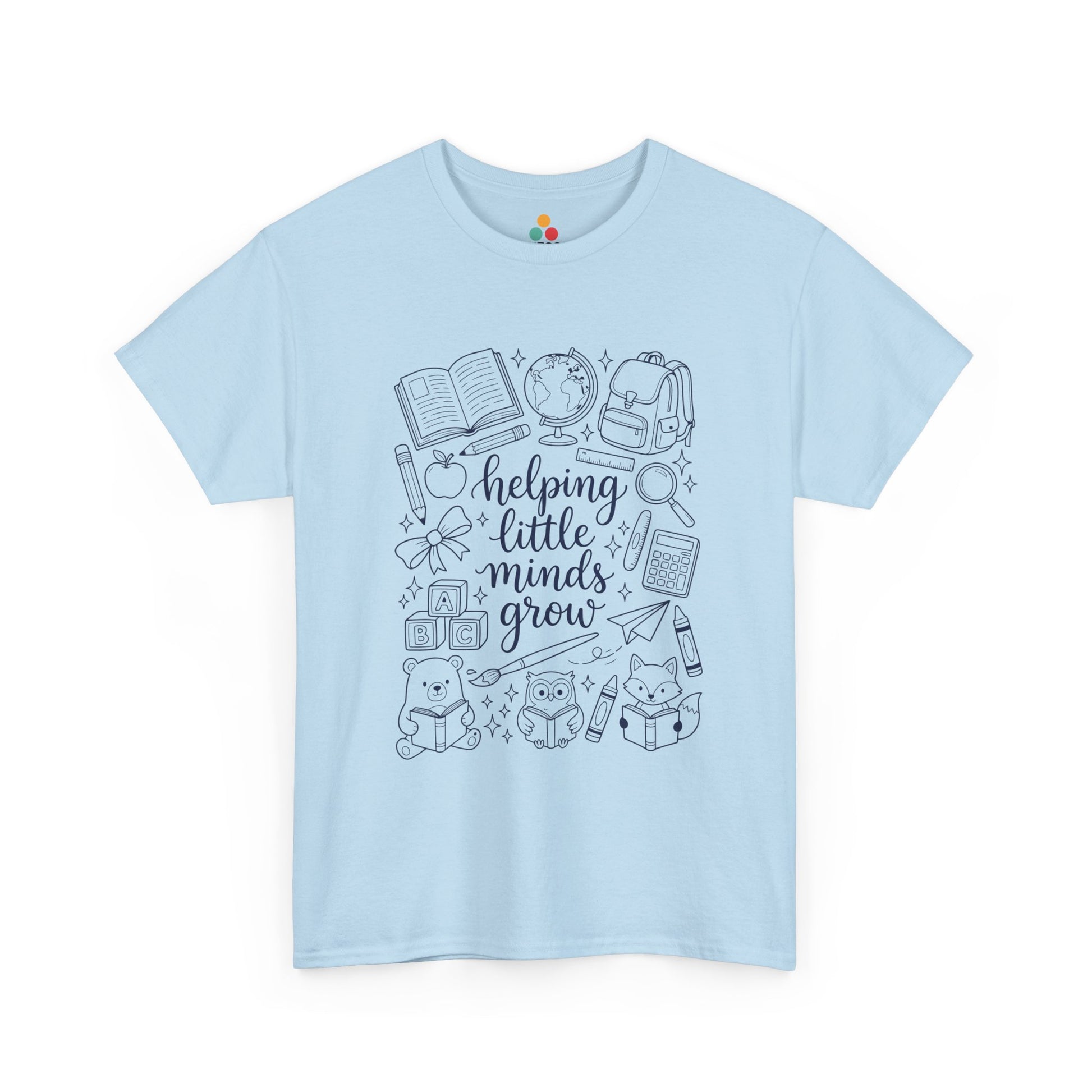 Close up view of TEEZOCA T-Shirt with black and white “helping little minds grow” back to school teacher design on Light Blue fabric.

