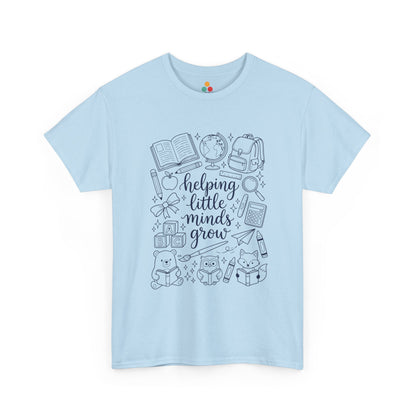 Close up view of TEEZOCA T-Shirt with black and white “helping little minds grow” back to school teacher design on Light Blue fabric.

