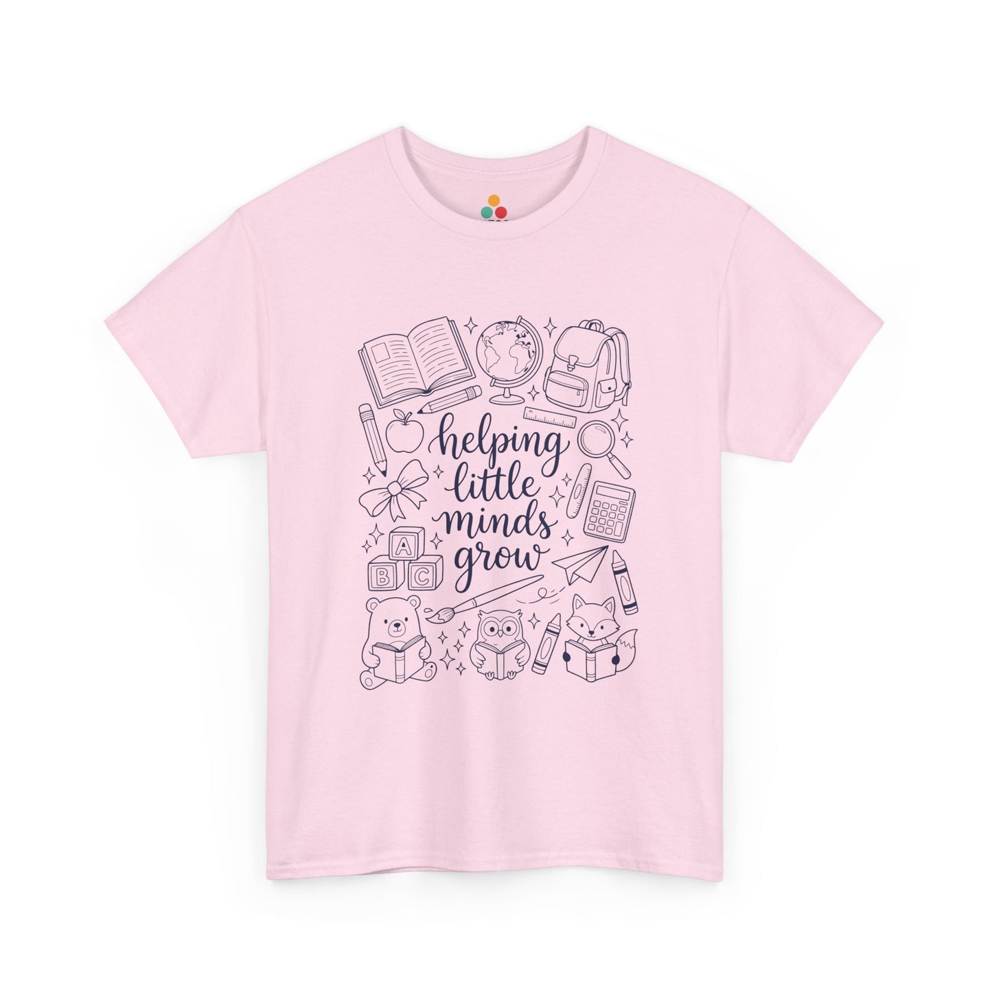Close up view of TEEZOCA T-Shirt with black and white “helping little minds grow” back to school teacher design on Light Pink fabric.

