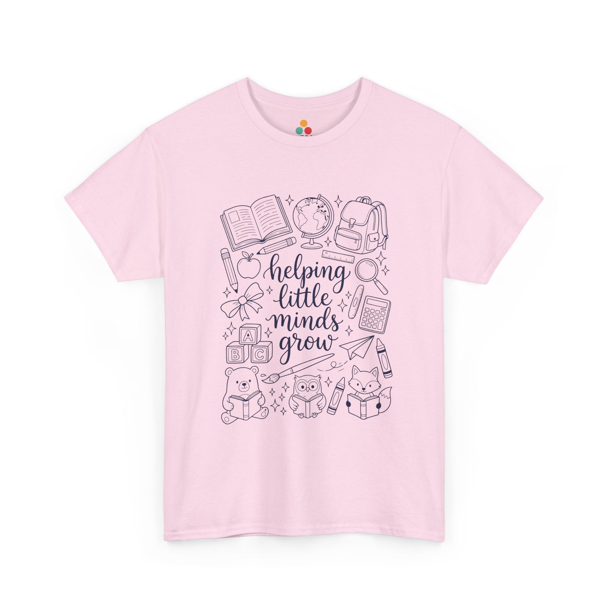 Close up view of TEEZOCA T-Shirt with black and white “helping little minds grow” back to school teacher design on Light Pink fabric.

