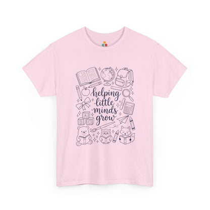 Close up view of TEEZOCA T-Shirt with black and white “helping little minds grow” back to school teacher design on Light Pink fabric.

