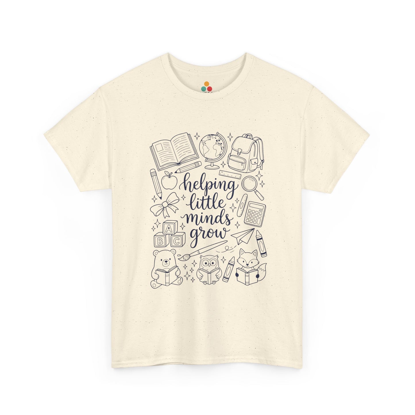 Close up view of TEEZOCA T-Shirt with black and white “helping little minds grow” back to school teacher design on Light beige fabric.

