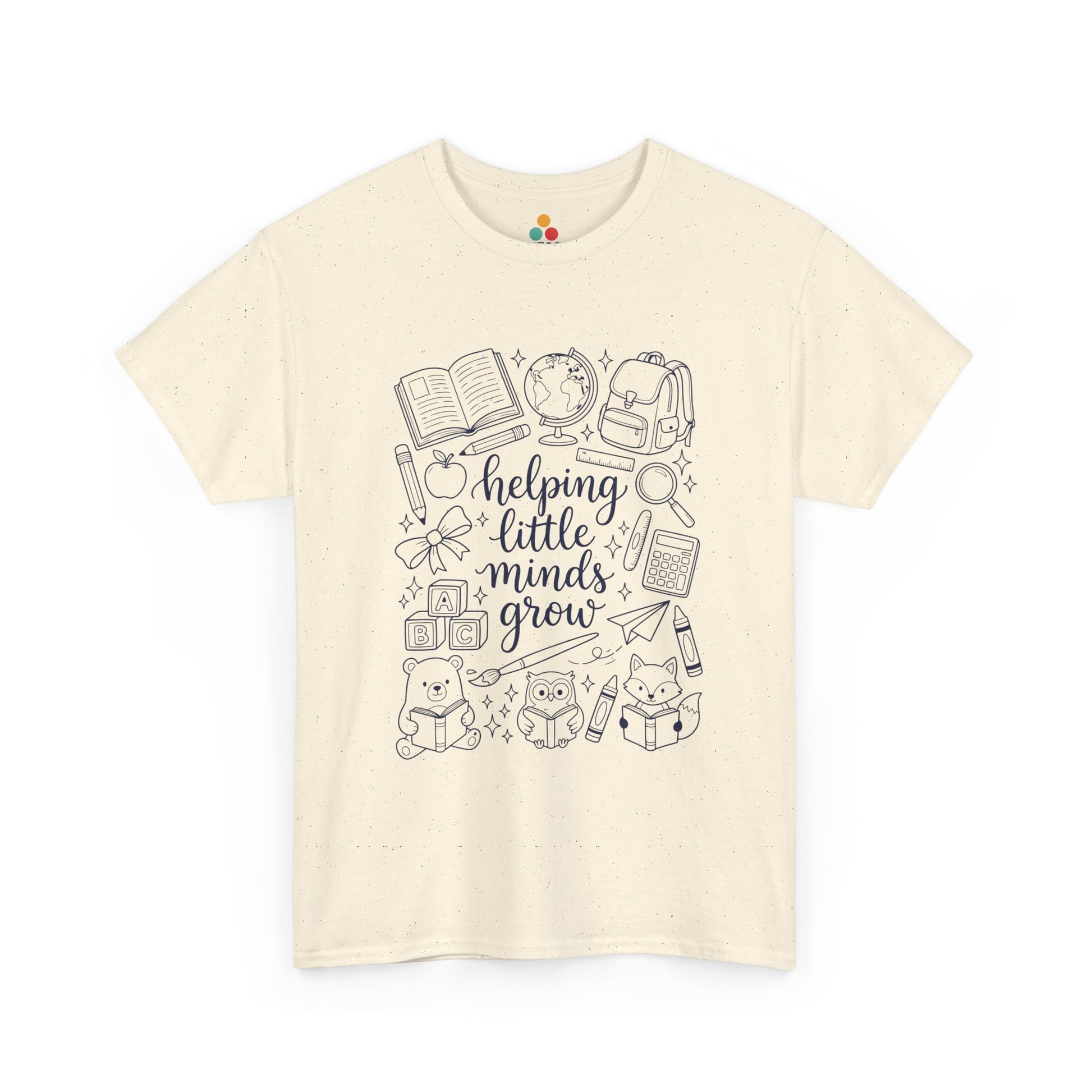 Close up view of TEEZOCA T-Shirt with black and white “helping little minds grow” back to school teacher design on Light beige fabric.

