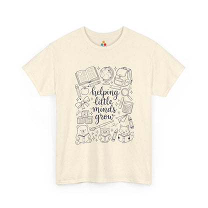 Close up view of TEEZOCA T-Shirt with black and white “helping little minds grow” back to school teacher design on Light beige fabric.

