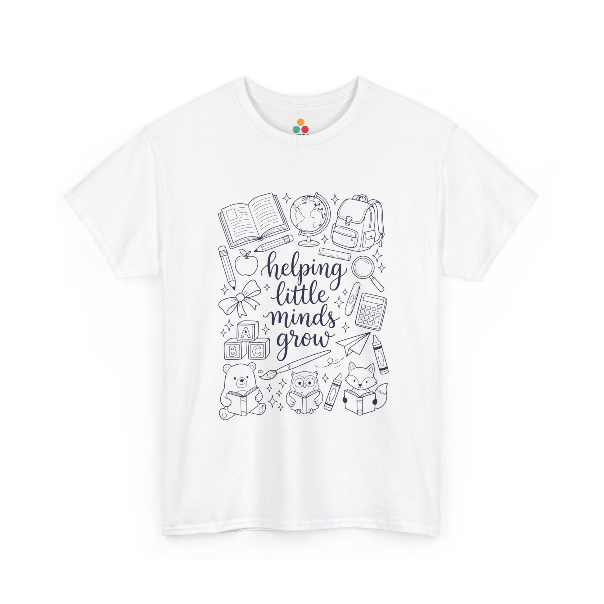 Close up view of TEEZOCA T-Shirt with black and white “helping little minds grow” back to school teacher design on white fabric.

