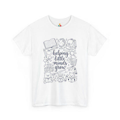 Close up view of TEEZOCA T-Shirt with black and white “helping little minds grow” back to school teacher design on white fabric.

