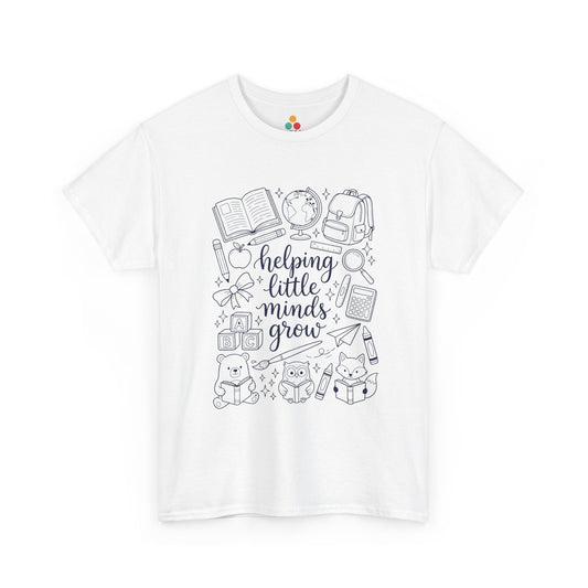 Close up view of TEEZOCA T-Shirt with black and white “helping little minds grow” back to school teacher design on white fabric.

