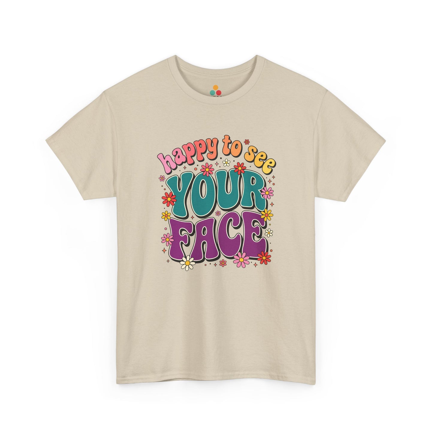  Close up view of TEEZOCA T-Shirt with colorful “Welcome Back to School” cartoon design featuring smiling flowers, stars, and a pencil on Beige shirt

