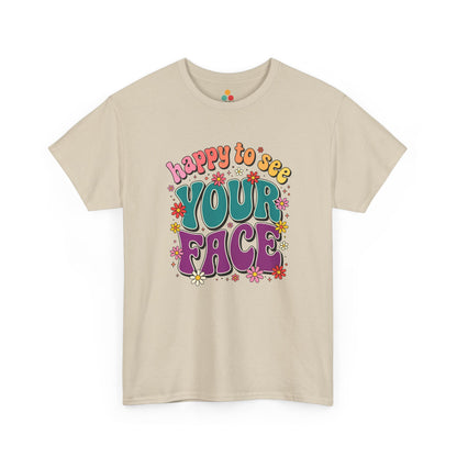  Close up view of TEEZOCA T-Shirt with colorful “Welcome Back to School” cartoon design featuring smiling flowers, stars, and a pencil on Beige shirt

