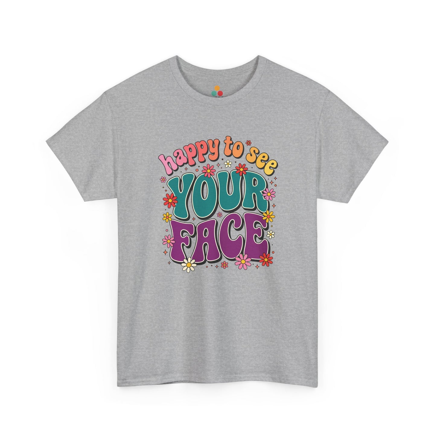  Close up view of TEEZOCA T-Shirt with colorful “Welcome Back to School” cartoon design featuring smiling flowers, stars, and a pencil on Gray shirt

