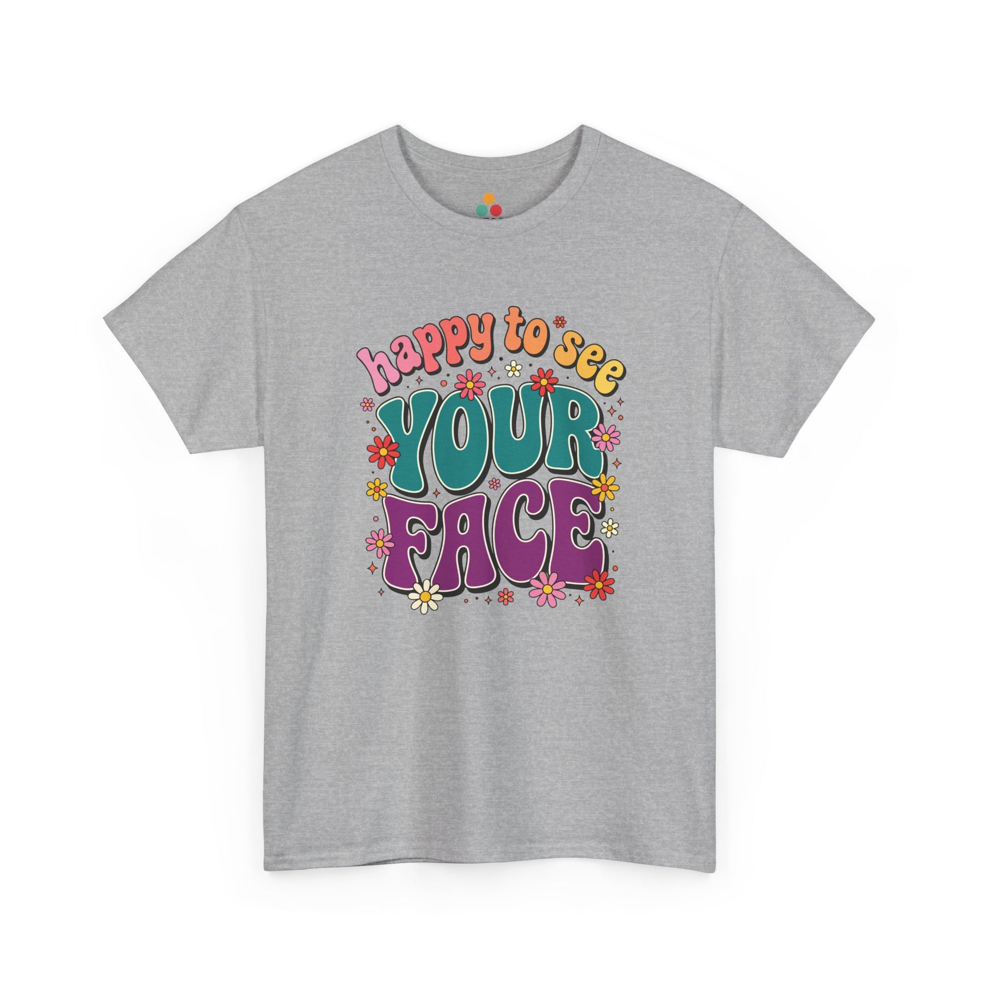  Close up view of TEEZOCA T-Shirt with colorful “Welcome Back to School” cartoon design featuring smiling flowers, stars, and a pencil on Gray shirt

