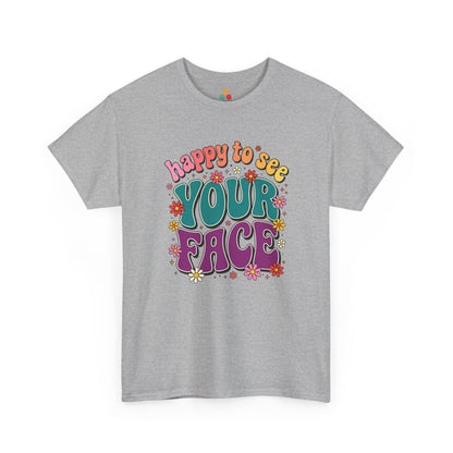  Close up view of TEEZOCA T-Shirt with colorful “Welcome Back to School” cartoon design featuring smiling flowers, stars, and a pencil on Gray shirt

