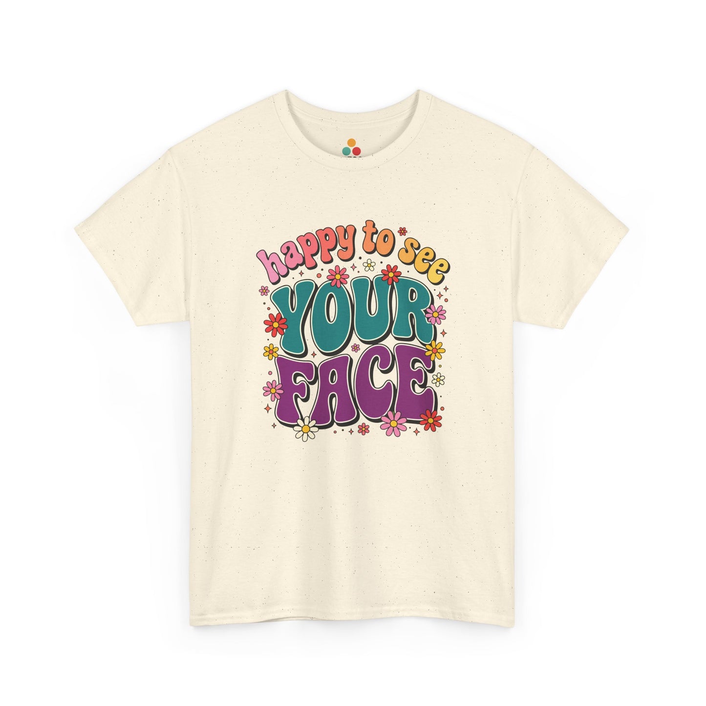  Close up view of TEEZOCA T-Shirt with colorful “Welcome Back to School” cartoon design featuring smiling flowers, stars, and a pencil on Pink shirt

