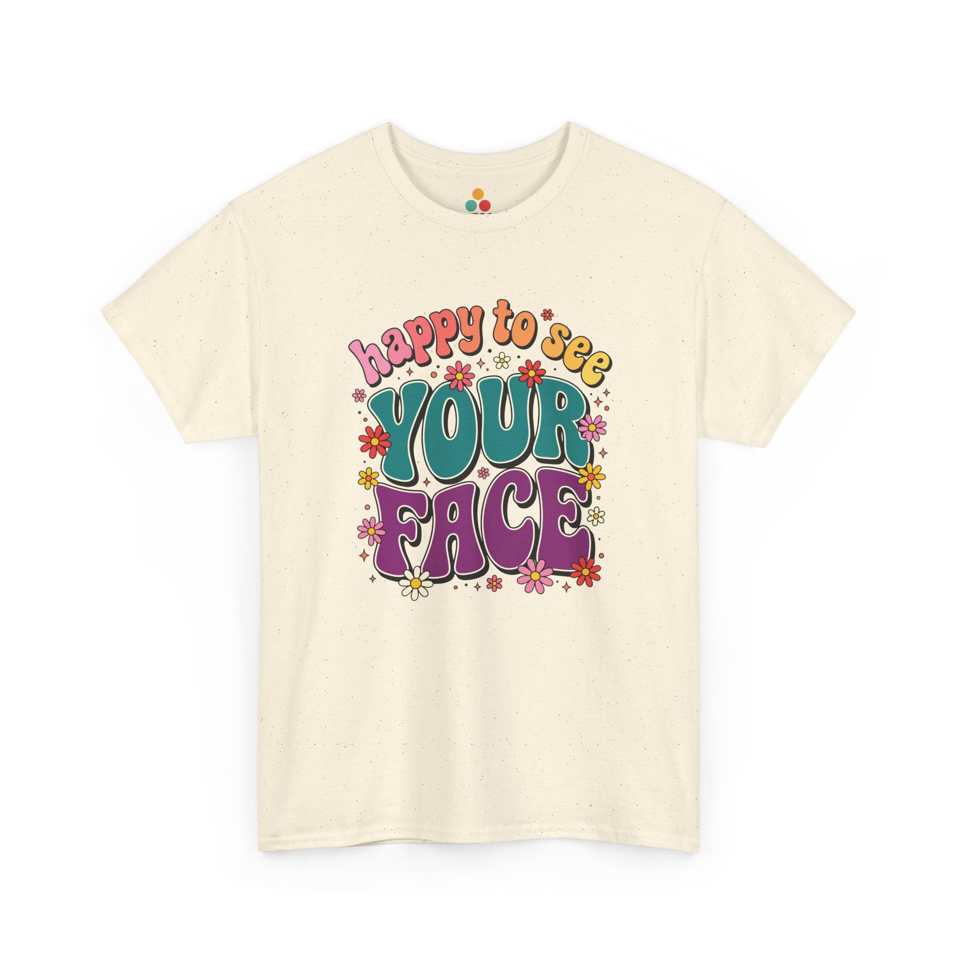  Close up view of TEEZOCA T-Shirt with colorful “Welcome Back to School” cartoon design featuring smiling flowers, stars, and a pencil on Pink shirt


