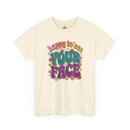  Close up view of TEEZOCA T-Shirt with colorful “Welcome Back to School” cartoon design featuring smiling flowers, stars, and a pencil on Pink shirt

