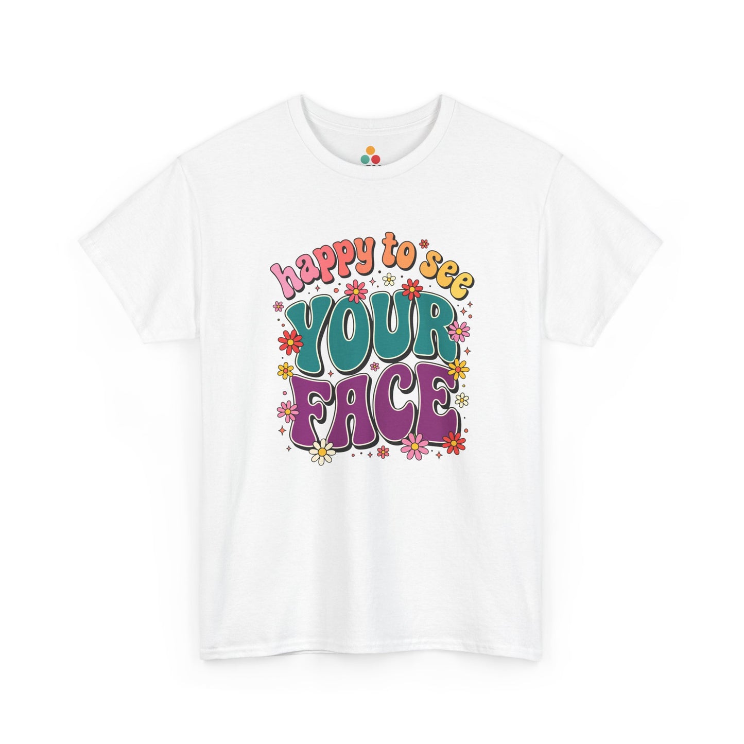 Close up view of TEEZOCA T-Shirt with colorful “Welcome Back to School” cartoon design featuring smiling flowers, stars, and a pencil on black fabric.

