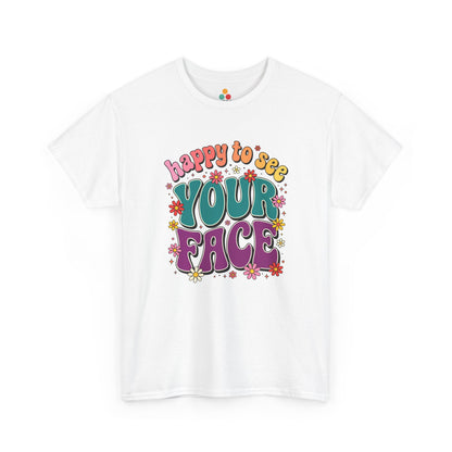 Close up view of TEEZOCA T-Shirt with colorful “Welcome Back to School” cartoon design featuring smiling flowers, stars, and a pencil on black fabric.

